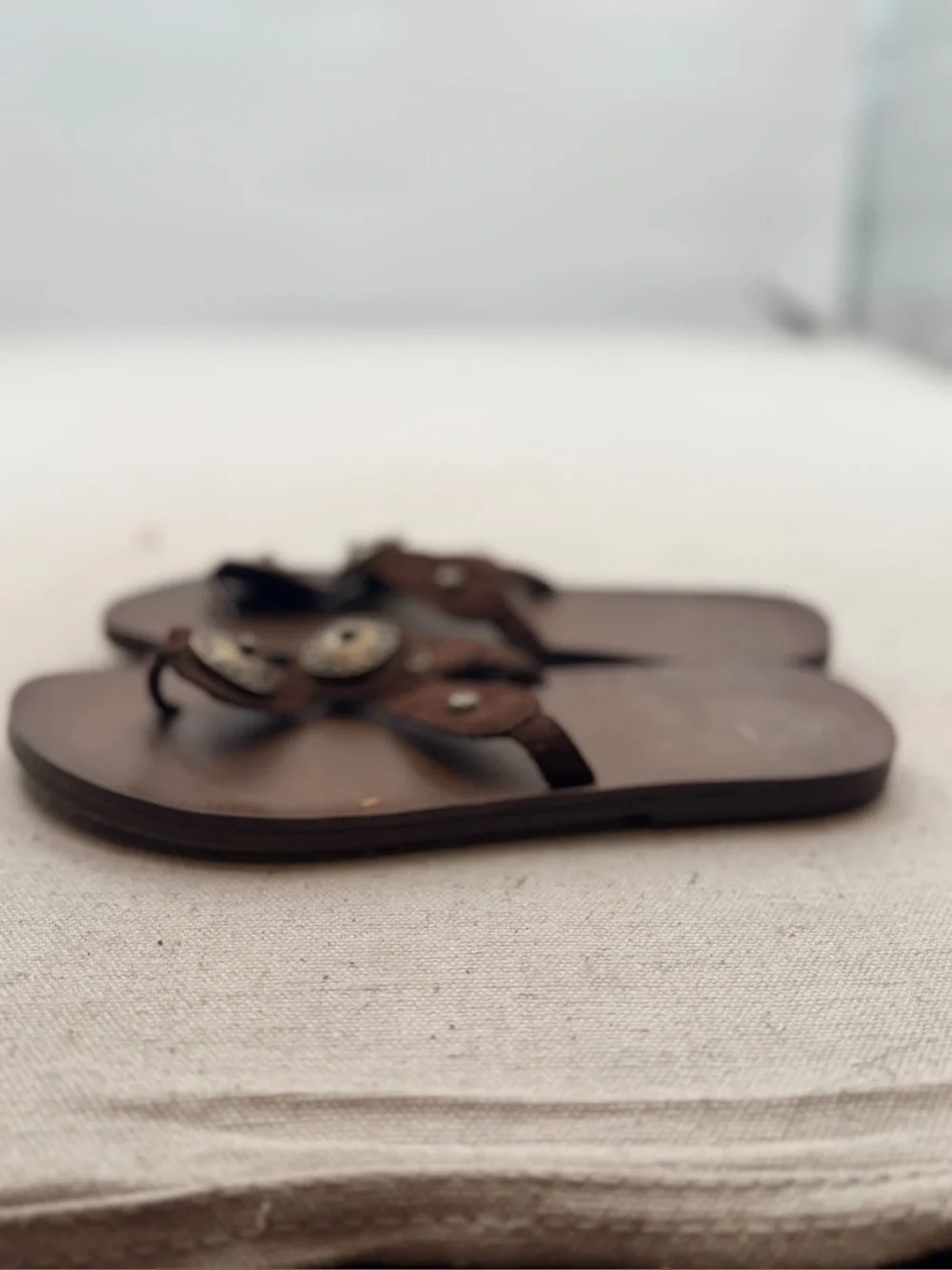 Mossimo Brown Leather Thong Sandals with Button Accent